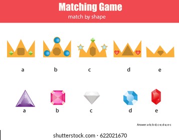 Matching educational game for children. Match the crowns and diamonds kids activity. Learning geometric shapes theme, worksheet