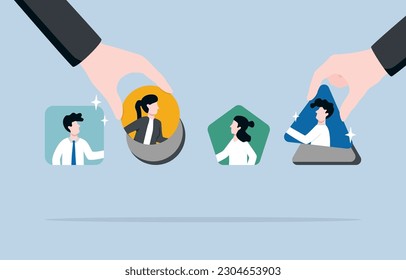 Matching employees with correct roles, team management for success or best productivity, put the man on the right job concept, Businessman hand putting employees to fit into various slots.