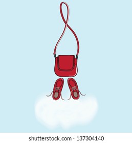 Matching ensemble of a pair of casual red shoes and a handbag with a fluffy white cloud and copyspace for text on a blue background