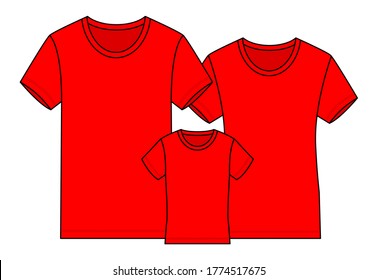 Matching Family 3 Red T-Shirts Template Vector, Front View.