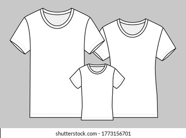 Matching Family 3 White T-Shirts Template Vector, Front View.