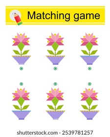 Juego a juego. Tarea de atención para los niños. Ilustración vectorial de la flor de la historieta