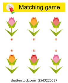 Matching game. Attention task for kids. Vector illustration of cartoon rose.