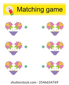 Jogo de correspondência. Tarefa de atenção para crianças. Ilustração vetorial de flor de desenho animado