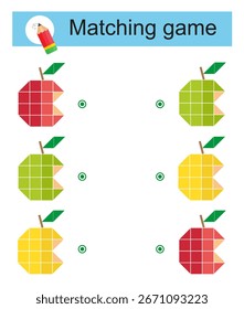 Matching game. Attention task for kids. Vector illustration of cartoon eaten apples. 