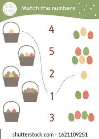 Matching game with baskets and colored eggs. Easter math activity for preschool children. Spring counting worksheet. Educational riddle with cute funny elements