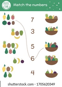Matching game with baskets and exotic fruits. Tropical math activity for preschool children. Tropic counting worksheet. Educational riddle with cute funny elements. Simple summer game for kids
