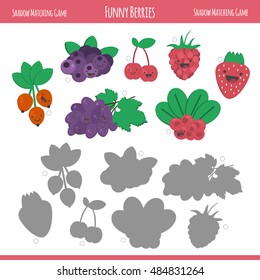 Matching game with berries for preschool children. Find the correct shadow. Funny berries in flat style isolated on white background. Vector illustration for children.