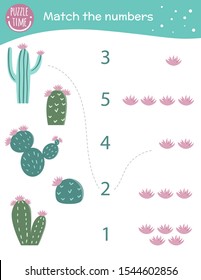 Matching game with cactus and flowers. Exotic, tropical or desert math activity for preschool children. Counting worksheet. Educational riddle with cute funny elements.