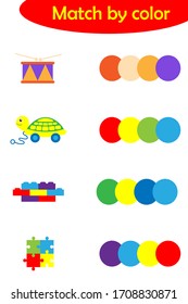 Matching game for children, connect colorful toys with same color palette, preschool worksheet activity for kids, task for the development of logical thinking, vector illustration