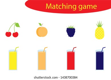 Matching game for children, connect different fruit with glass of juice from it, preschool worksheet activity for kids, task for the development of logical thinking, vector illustration
