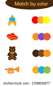 Matching game for children, connect toys with same color palette, preschool worksheet activity for kids, task for the development of logical thinking, vector illustration