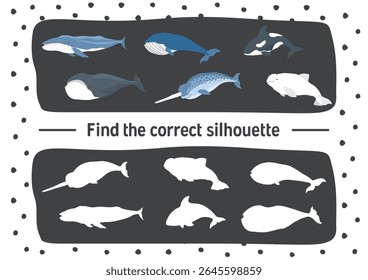 Matching game for children with cute cartoon polar sea animals, Logical activities for kids, Match sea animals with the correct shadow. Vector illustration.