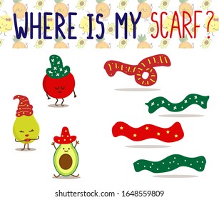 matching game for children education. Find my scarf. kid should find the right picture. kawaii fruits with hats and scarf. Vector illustration on colored background.