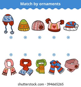 Matching game for children, education game. Match the scarves and hats by ornaments