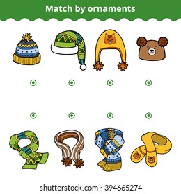 Matching game for children, education game. Match the scarves and hats by ornaments