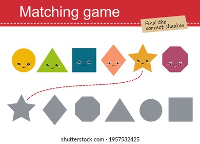 Matching game for children. Find correct shadow for geometric shapes. Cartoon flat style. Vector illustration
