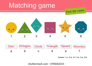 Matching game for children. Find correct name for geometric shapes. Vector illustration. Cartoon flat style