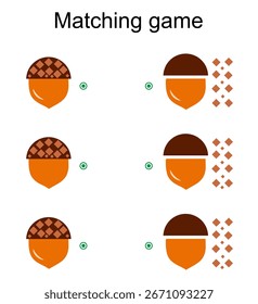Jogo de correspondência para crianças. Encontre a cor correta de bolota de desenho animado e combinar. Ilustração vetorial. 