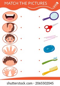 Matching game for children. Find a couple of body parts and hygiene products. Educational worksheets or Activity book for kids