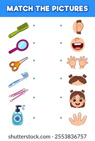 Matching game for children. Find a couple of body parts kid and hygiene products. Educational worksheets or Activity book for children. Cute cartoon style illustration.