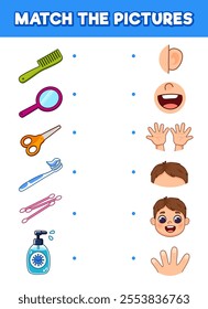 Matching game for children. Find a couple of body parts kid and hygiene products. Educational worksheets or Activity book for children. Cute cartoon style illustration.