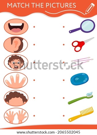 Matching game for children. Find a couple of body parts baby and hygiene products. Educational worksheets or Activity book for kids