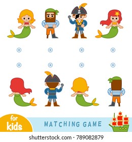 Matching game for children. Find the front and back of the fairy-tale characters, mermaids and pirates