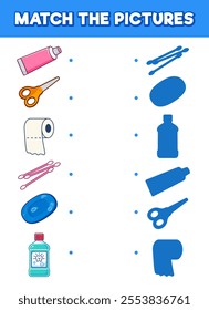 Matching game for children. Find the shadow of the hygiene product. Educational worksheets or Activity book for children. Cute cartoon style illustration.
