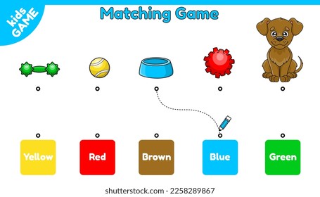 Matching game for children. Match objects and colors. Educational worksheet for kindergarten and school kids. Cartoon puppy and dog accessories. Cute colorful vector illustrations.