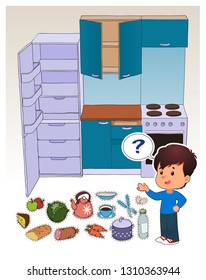 Matching game for children. Place an object in the kitchen cartoon vecto illustraion for kids