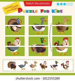 Matching game for children. Puzzle for kids. Match the right parts of the images. Farm animals. Poultry. Turkey, goose, duck, Drake, hen, rooster.