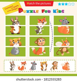 Matching game for children. Puzzle for kids. Match the right parts of the images. Set of animals. Hare, Fox, mouse, hamster, monkey, squirrel.