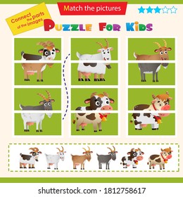 Matching game for children. Puzzle for kids. Match the right parts of the images. Farm animals. Goat cow, sheep.