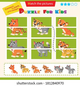 Matching game for children. Puzzle for kids. Match the right parts of the images. Baby animals. Little cat, wolf, lion, tiger, cheetah, fox.