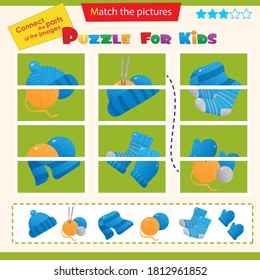 Matching game for children. Puzzle for kids. Match the right parts of the images. Handcraft. Skeins or balls of yarn with knitting needles. Knitted socks and scarf, hat and mittens.