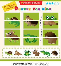 Matching game for children. Puzzle for kids. Match the right parts of the images. Set of animals. Turtle, walrus, frog, rhinoceros, crocodile, hedgehog.