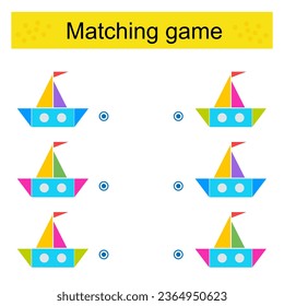 Matching game for children. Task for the development of attention and logic. Cartoon boat.