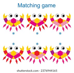 Matching game for children. Task for the development of attention and logic. Vector illustration of cartoon crab.