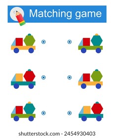 Matching game for children. Task for the development of attention and logic. Vector illustration of cartoon trucks.