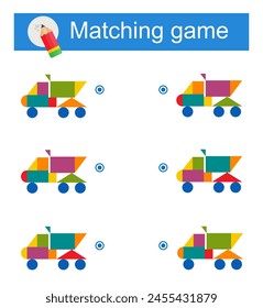 Matching game for children. Task for the development of attention and logic. Vector illustration of cartoon dump truck.