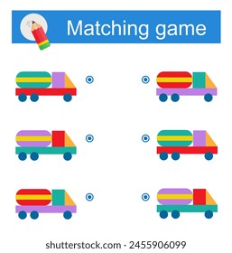 Matching game for children. Task for the development of attention and logic. Vector illustration of cartoon truck