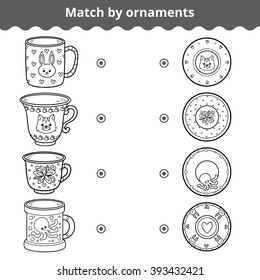Matching game for children, vector black and white education game. Match plates and mugs by ornament