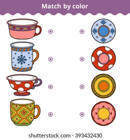 Matching game for children, vector colorful education game. Match plates and mugs by ornament