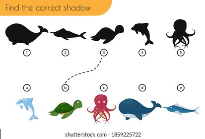 Matching game for children vector education game.Place puzzle part in correct place Homeschooling activity for presсhool kids and toddlers Find the correct shadow. Match pictures to their shadows.
