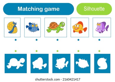 Matching game for children vector education game. Place puzzle part in correct place Homeschooling activity for presсhool kids and toddlers. Find the correct shadow. Match pictures to their shadows.