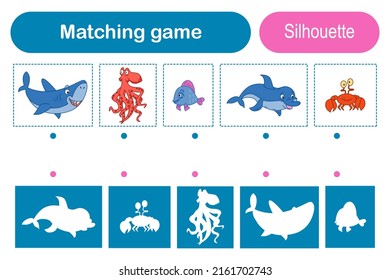 Matching game for children vector education game.Place puzzle part in correct place Homeschooling activity for presсhool kids and toddlers. Find the correct shadow. Match pictures to their shadows.