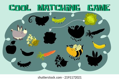 Matching game for children vector education game. Place puzzle part in correct place. Homeschooling activity for preschool kids and toddlers. Find the correct shadow. Match pictures to their shadows.