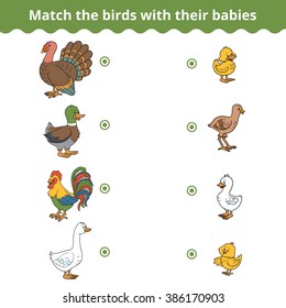 Matching game for children, vector education game (farm birds and babies)