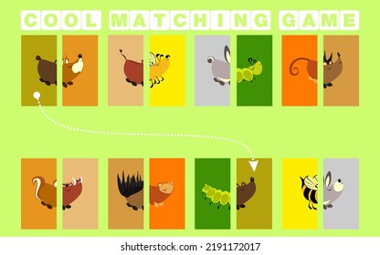Matching game for children vector educational game. Place puzzle part in correct place. Homeschooling activity for preschool kids and toddlers. Find the correct part. Match pictures to their couples.